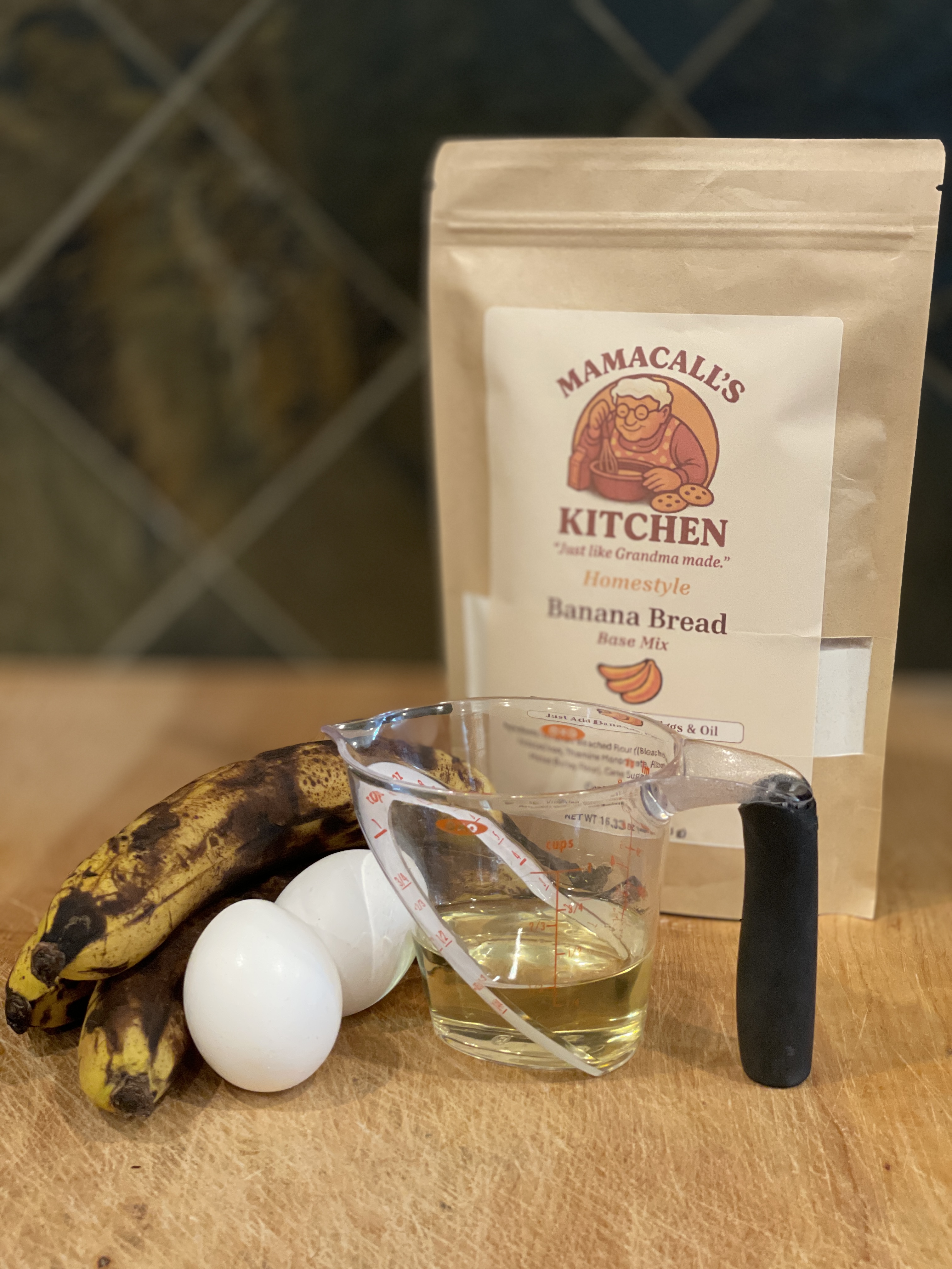 MamaCall's Banana Bread Mix with bananas, eggs, and oil