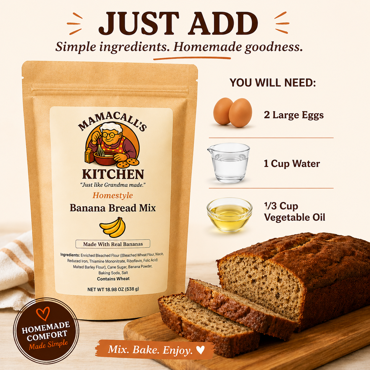 Ingredients needed for Banana Bread Mix with Real Freeze-Dried Bananas