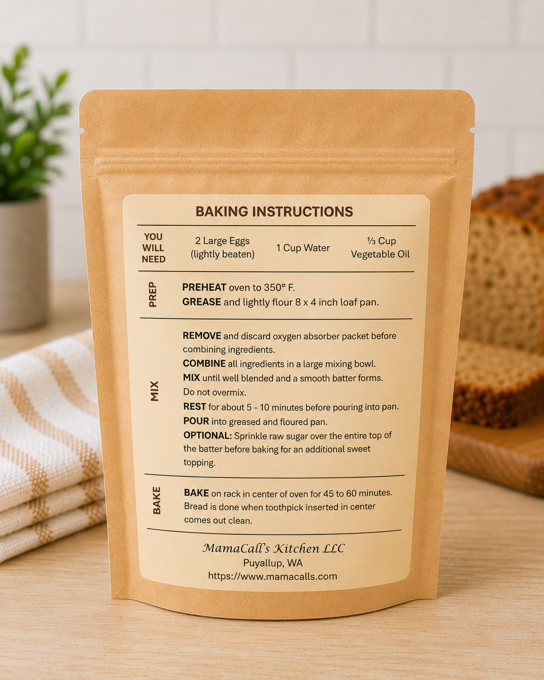 Back label baking instructions for Banana Bread Mix with Real Freeze-Dried Bananas