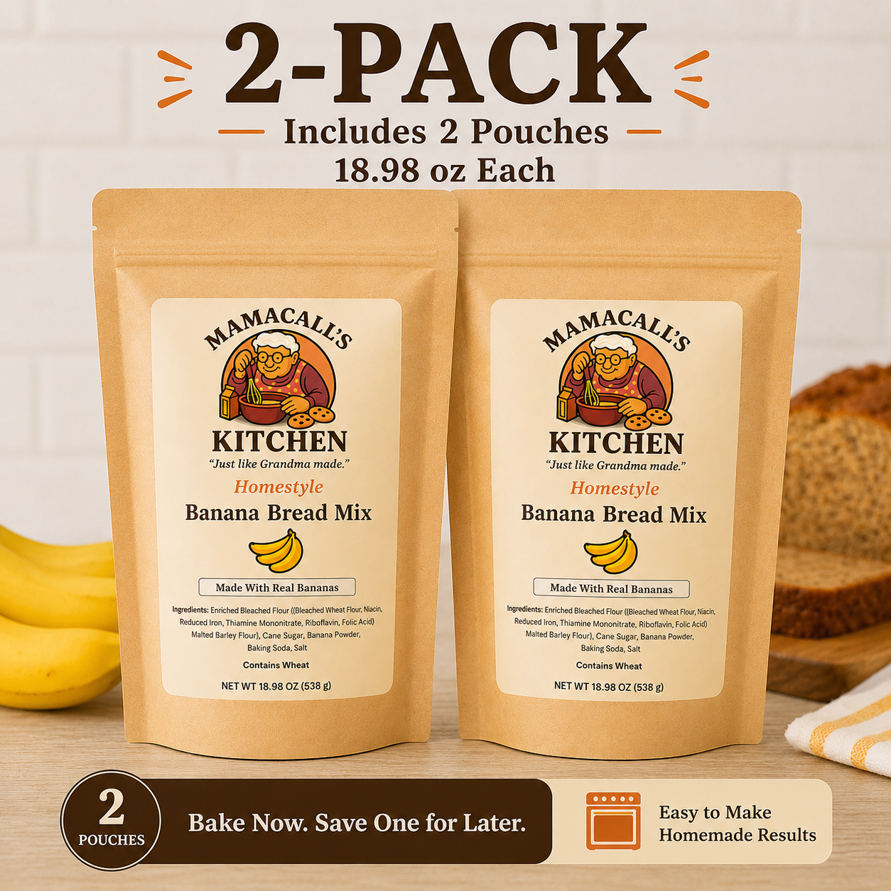 MamaCall's Banana Bread Mix with Real Freeze-Dried Bananas 2-pack